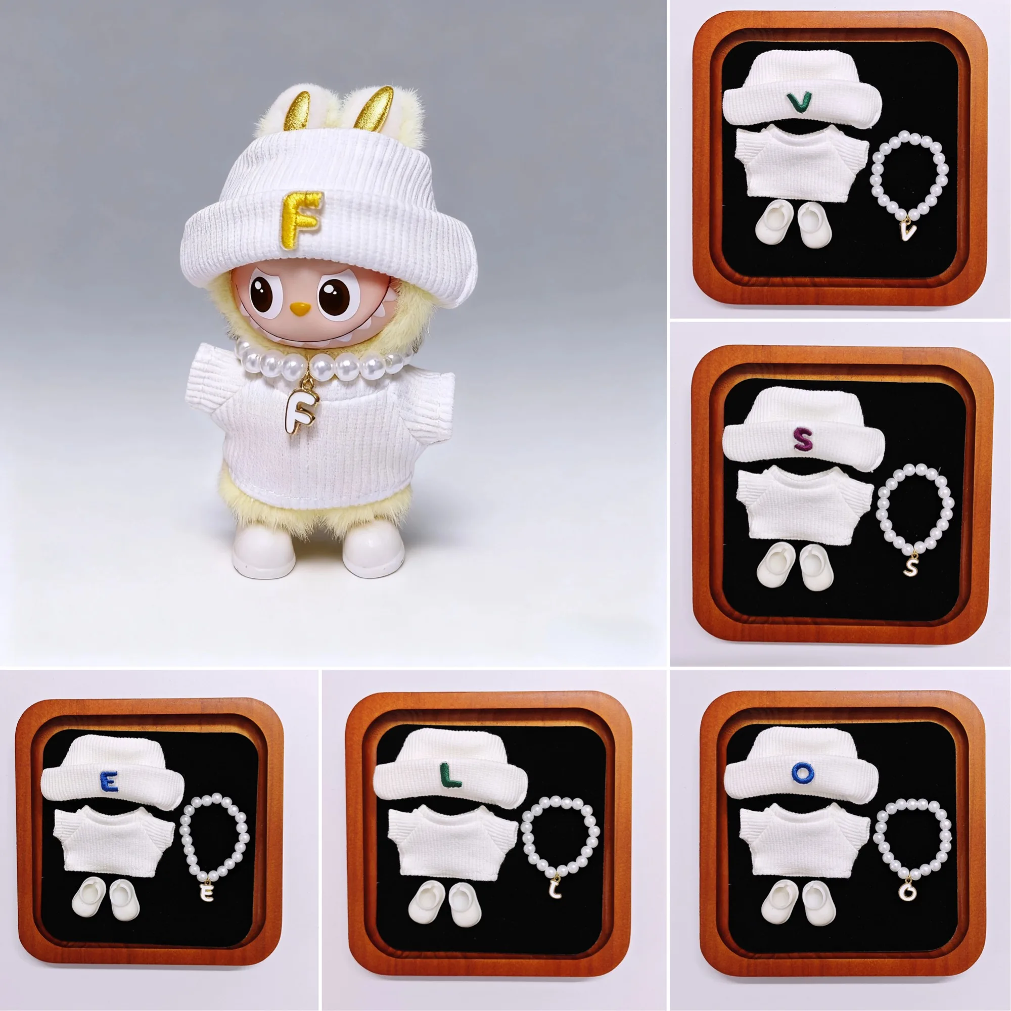 

10cm Labubu 4th Gen 4.0 Doll Clothes Knitted Ribbed White T-Shirt Letter Hat & Mini Labubu Outfit With Pearl Letter Accessories