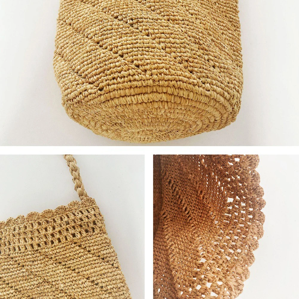 Bohemian Raffia Bucket Bag Summer Woven Straw Bag Handmade Hollow Handbags Designer Shoulder Bags for Women Travel Beach Bags