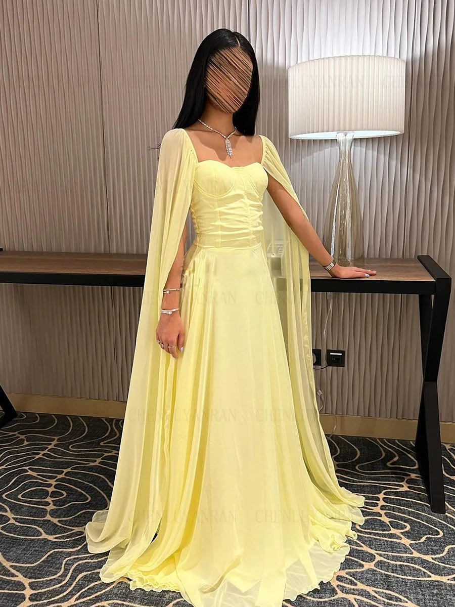 Yellow Chiffon Formal Occasion Dresses 2023 Long Sleeves A-line Ball Gowns Sweetheart Simple Evening Party Gowns فساتين الحفلات