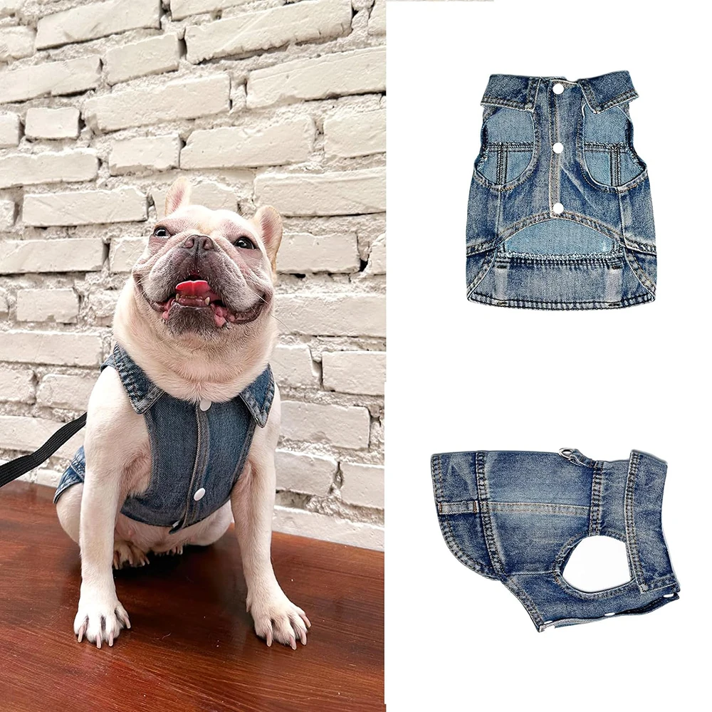 French Bulldog Jeans Jacket with Black Leash Durable Denim Dog Clothes for Small Dogs with D-Ring Designer Vintage Winter Vest