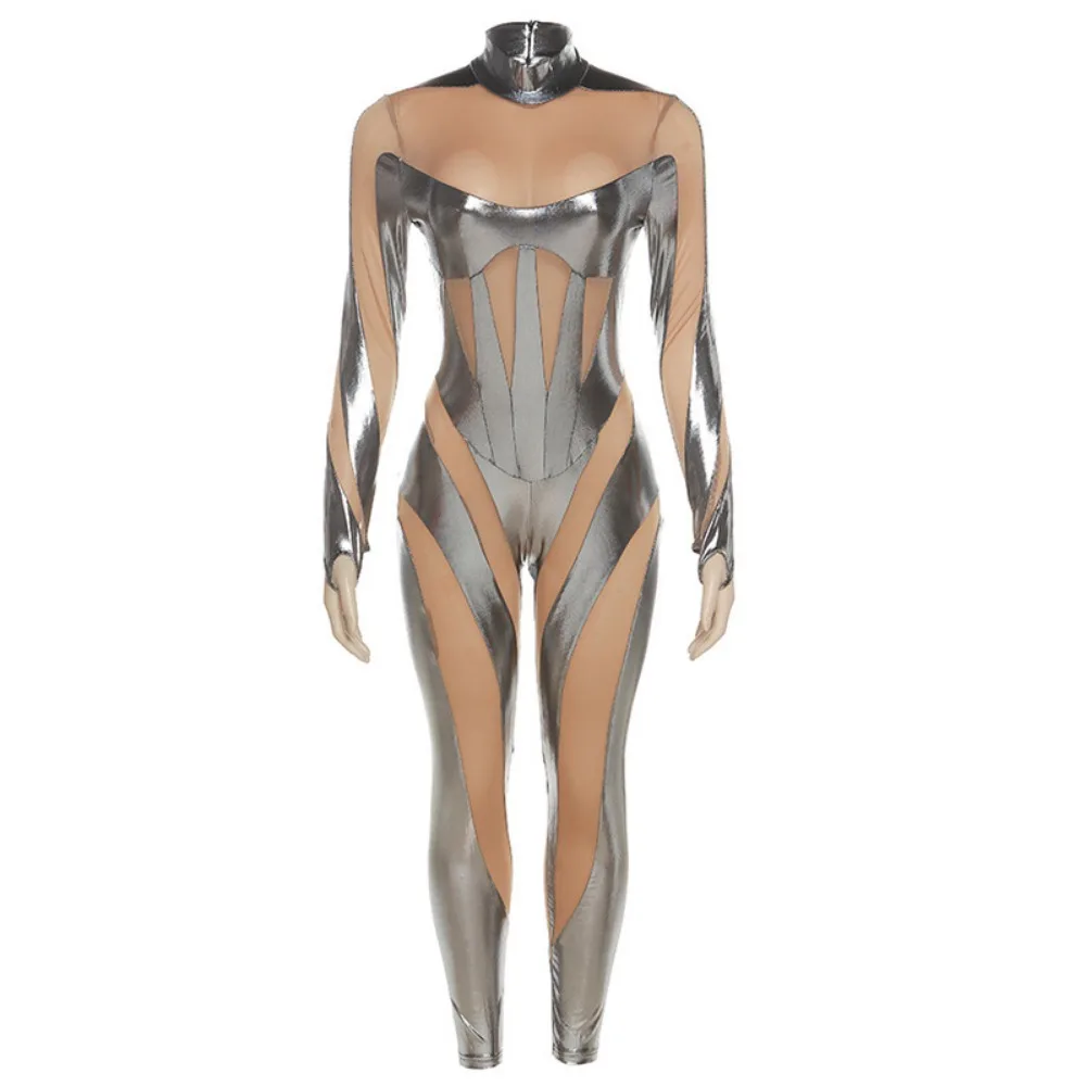 Game Movie Tight Jumpsuit Alien Robot Mesh Hollow Silver Strip Sexy Bodysuit Cosplay Costumes Women Halloween Carnival Party