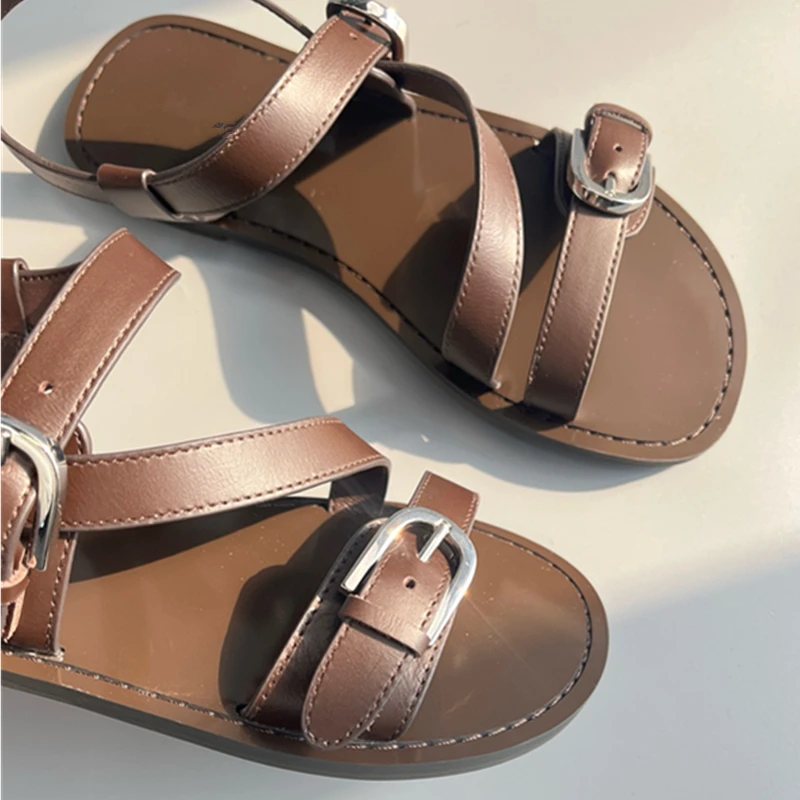 Dave&Di Summer Sandlas Shoes Moroccan Retro Strap Sandals With Genuine Leather And Comfortable Flat Roman Sandals Women