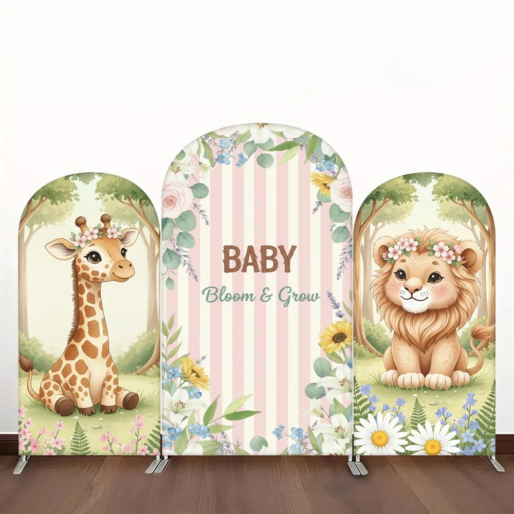 

Forest Animal Custom Name Arch Backdrop Cover Lion Giraffe Pattern Baby Shower 2-Sided Background Weddings Birthday Party Decor