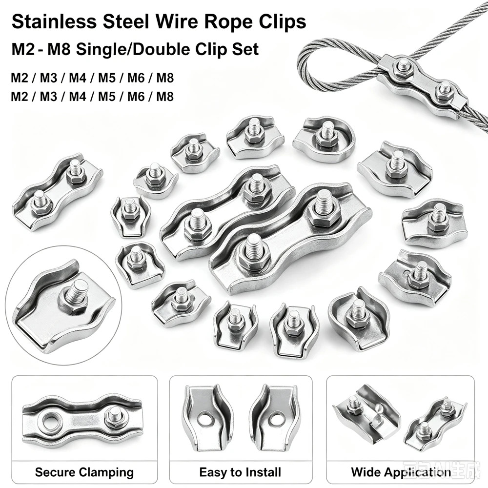 10Pcs Stainlesss Steel Wire Rope Cable Clamps M2-M6, U Type Single/Double Grip Lock Clips Chuck Fasteners