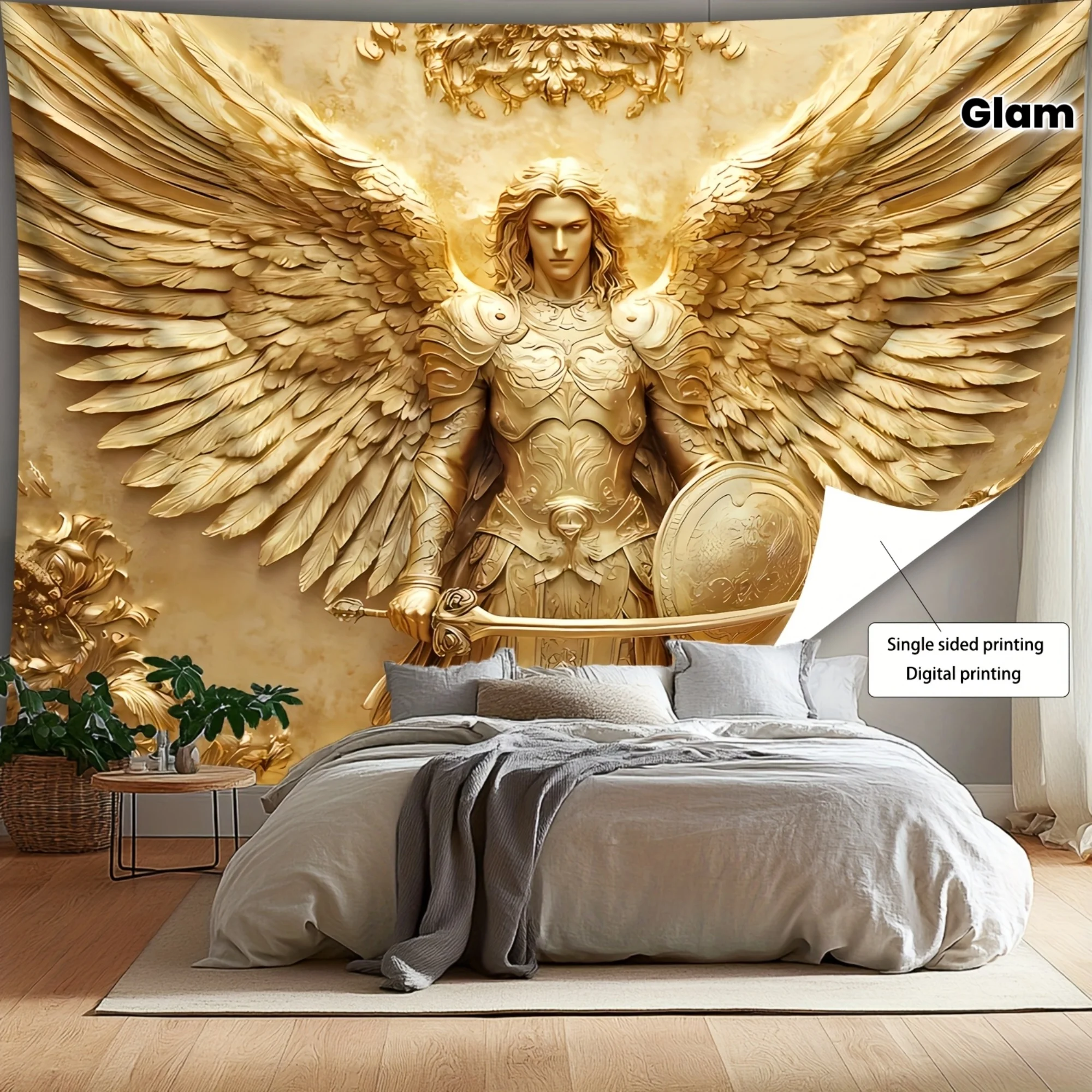 

VIKAMA Glam Style Archangel Michael Tapestry, Golden Angel Design Wall Hanging for Living Room Bedroom Wall Decor, Home Decor