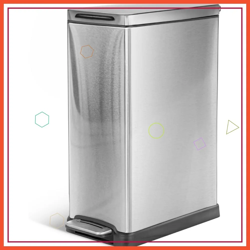 

Мусорное ведро для кухни из нержавеющей стали, 12 галлонов, узкое, с крышкой с плавным закрыванием, педалью, держателем для пакетов и съемным контейнером