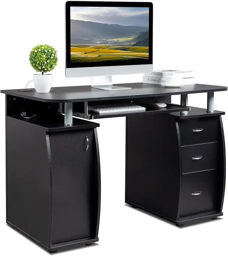 

Karl home MDF Computer Desk with Strip Socket, Home Office Desk Writing Desk, Office Table with 3 Drawers and Storage Cabinet fo