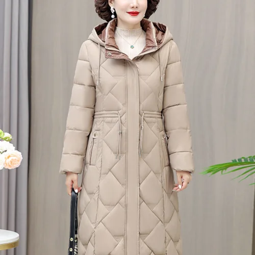 두꺼운 롱 코튼 재킷 여성용 중년 겨울 옷 슬림 핏 롱 긴 허리 조임 여성용 두꺼운 중년 겨울 옷 코튼 재킷 코튼 자켓 코튼 재킷