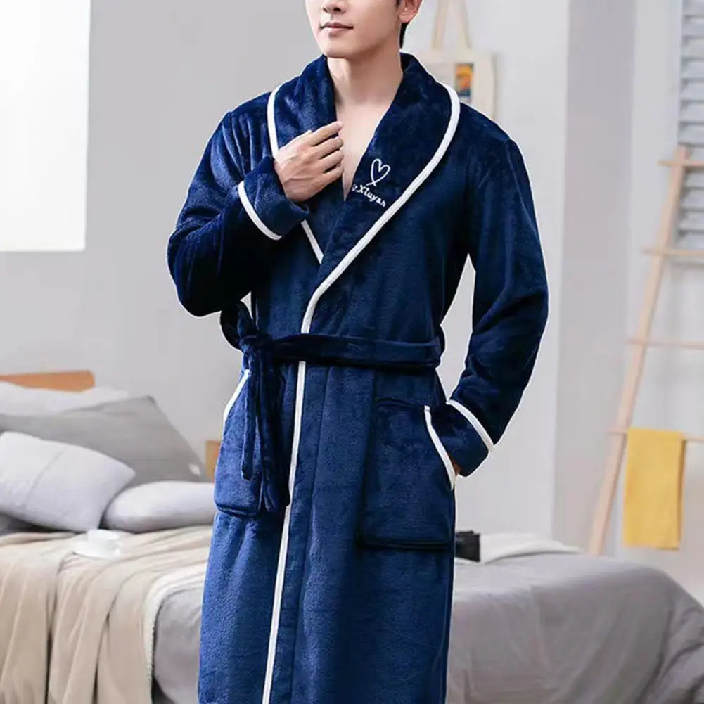 Men Bathrobe Lengthened Fleece Pockets Thicken Soft Keep Warm Nightgown Turn-down Collar Winter Sleeping Bath Robe Sleepwear