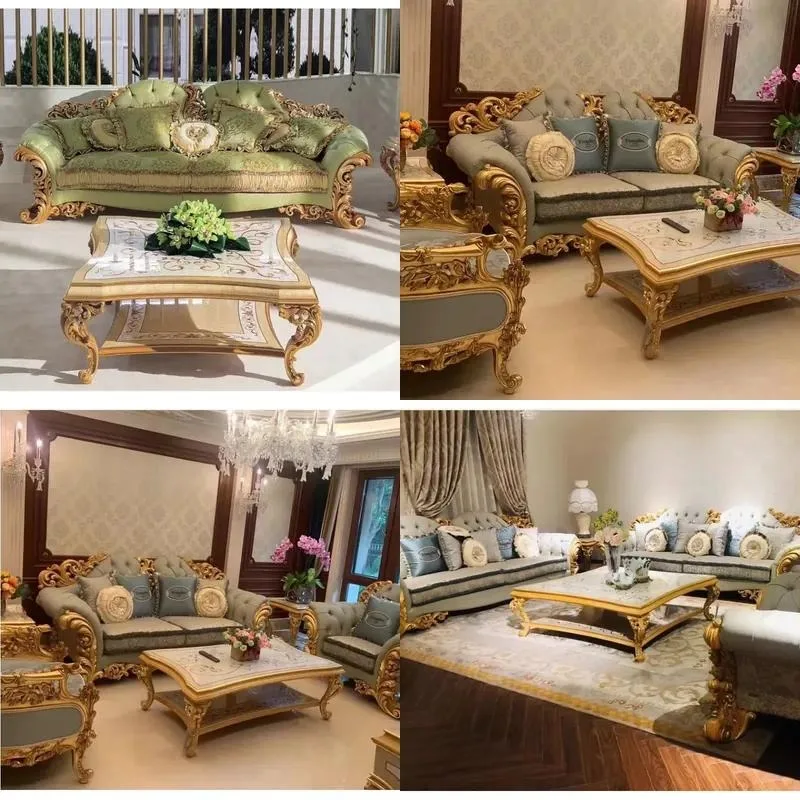 Luxury Hand Carved Solid Wood Sofa with Gold Foil and Shell Inlaid Coffee Table Set Stylish Living Room Furniture