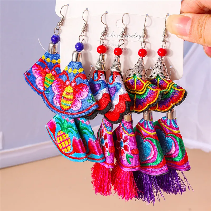 Ethnische Böhmen Quaste Ohrringe für Frauen Aussage Retro Bunte Baumwolle Seide Fransen Ohrring Hochzeit Schmuck Zubehör – Detail 2