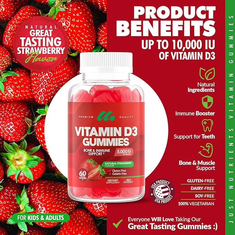 Gommes à la vitamine D3 pour adultes et enfants (60 capsules), sans évolu, sans OGM, 100% végétariennes, saveur délicieuse de fraise