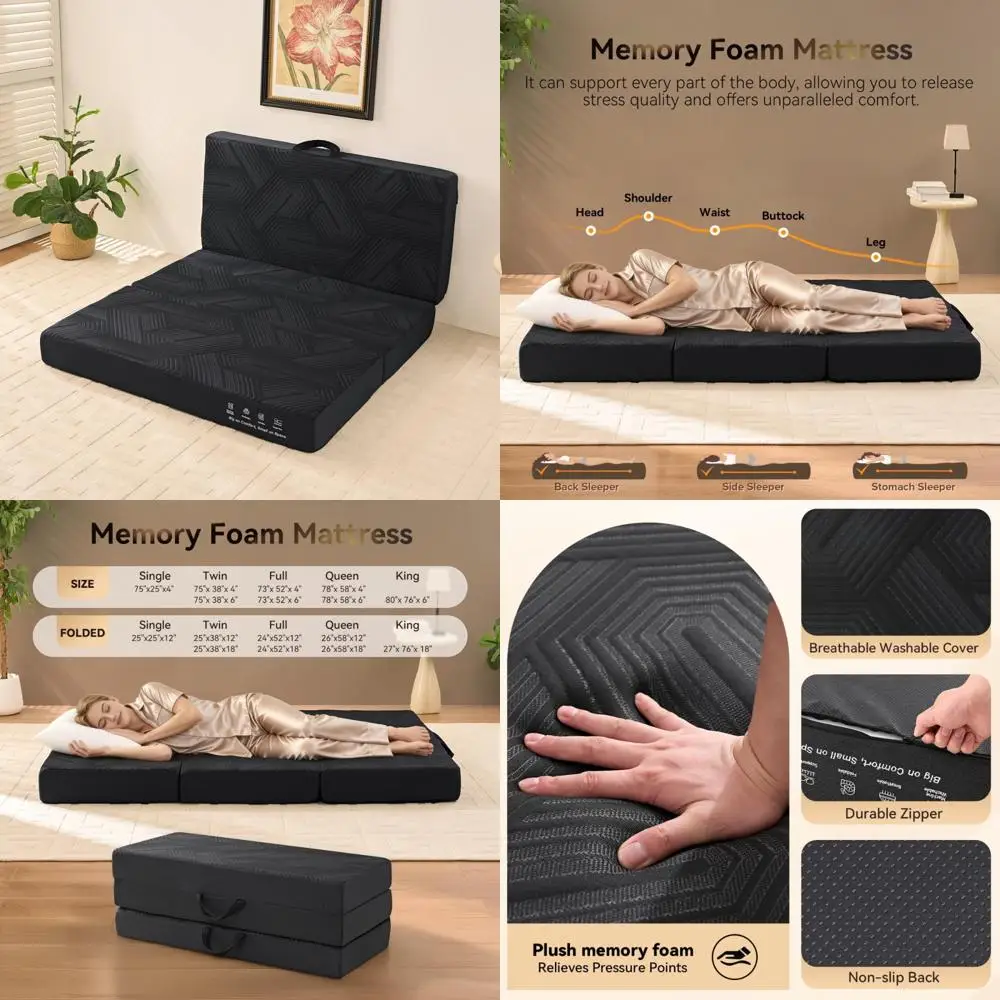 

4 Inch Twin Size Memory Foam Mattress Topper - Foldable, Washable Cover, with Handles and Non-Slip Base