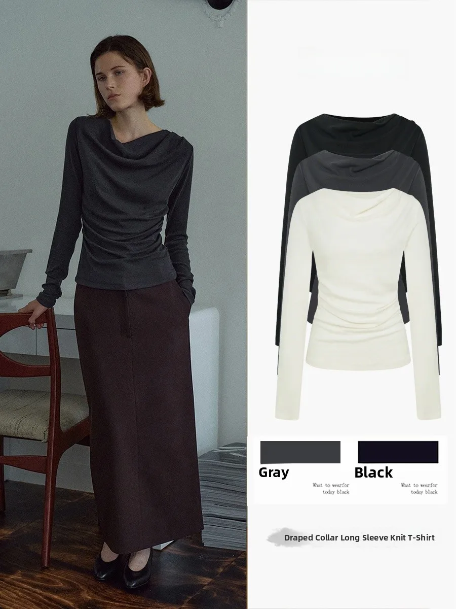 

Slim Fit Long Sve Knitted Top Women's Spring Autumn New Sle Pleated Base irt Design Casual Faion Polyester Fiber