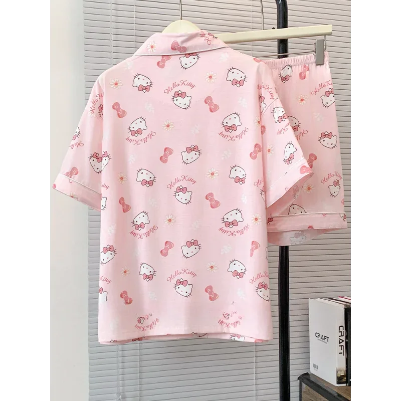 Sanrio-Pijama de seda de Hello Kitty para mujer, ropa de dormir de dibujos animados, informal, cómoda, fresca, transpirable, ligera, para el hogar