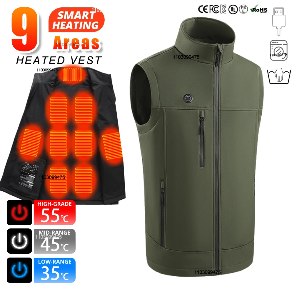 Hommes femmes 9 zones gilet chauffant USB charge veste chauffante lavé garder au chaud randonnée gilet hiver pêche ski gilet manteaux chauffants