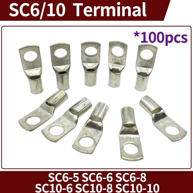 

100Pcs Copper Lugs Ring Wire Connector Bare Cable Electric Crimp Cold Pressing Terminal GB SC6-5 SC6-6 SC6-8 SC10-6 SC10-8