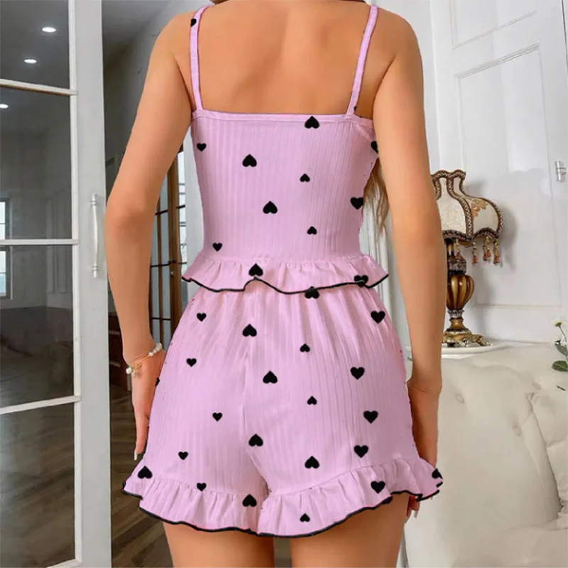 New Women's Sleepwear Set Casual and Fashionable Suspender Shorts Two-Piece Set Comfortable and Sweet Home Wear Hot Selling Item