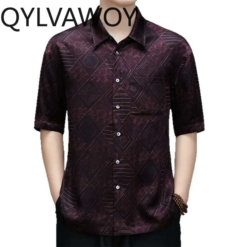 

QYLVAWOY High-end Men's Shirts 100% Mulberry Silk Shirts for Man Lapel Short Sleeve Summer Tops Printed Shirt Camisas Masculina