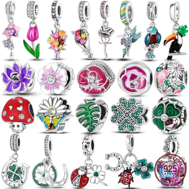 Bead 925 Sterling Silver Spring Series Charm Flower Daisy Clover Primrose Bird Butterfly Dangle Fit Pandora Bracelet DIY Jewelry