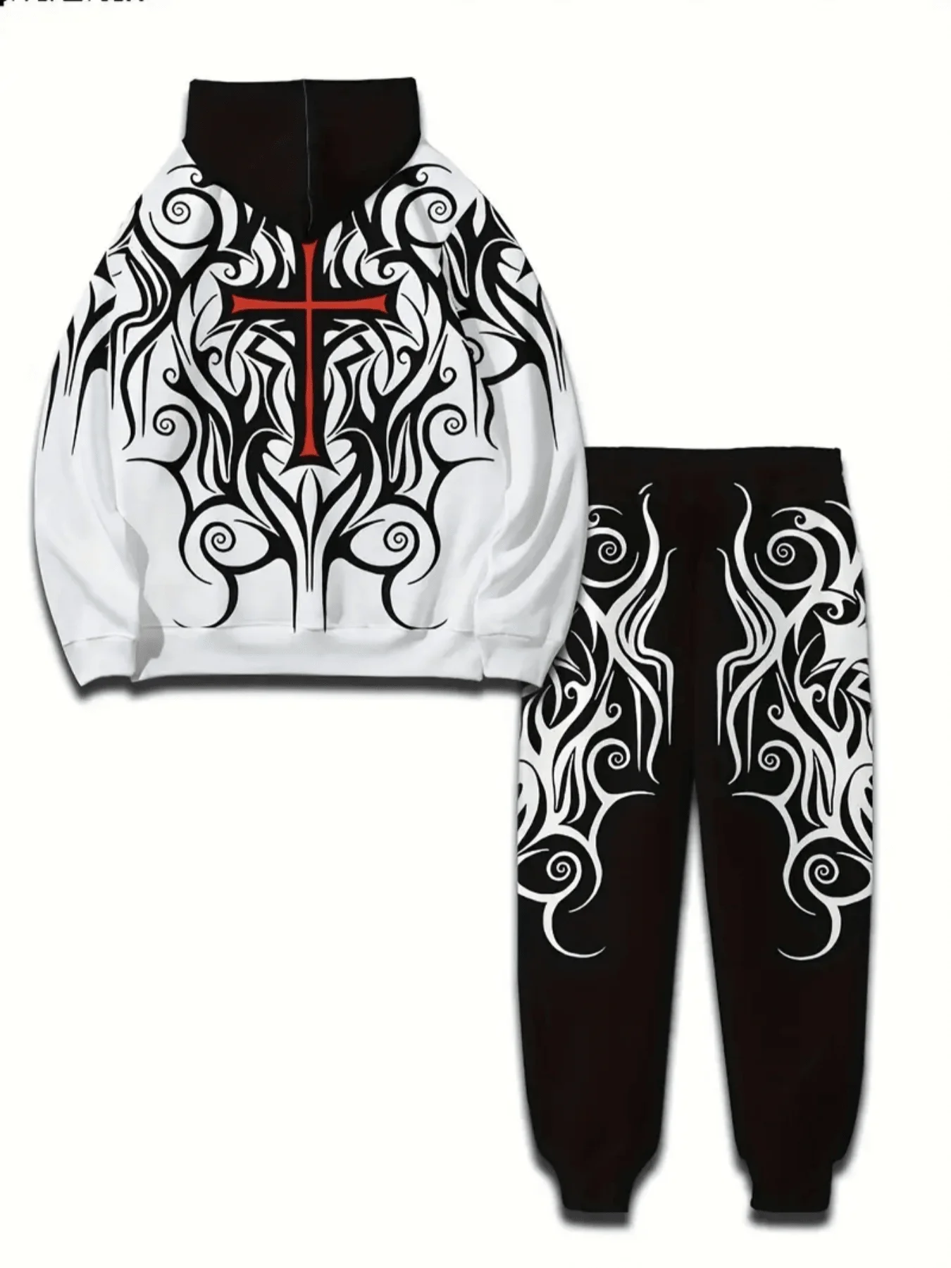

Mens Gothic Cross Print Hoodie And Jogger Set Black White Y2K Streetwear