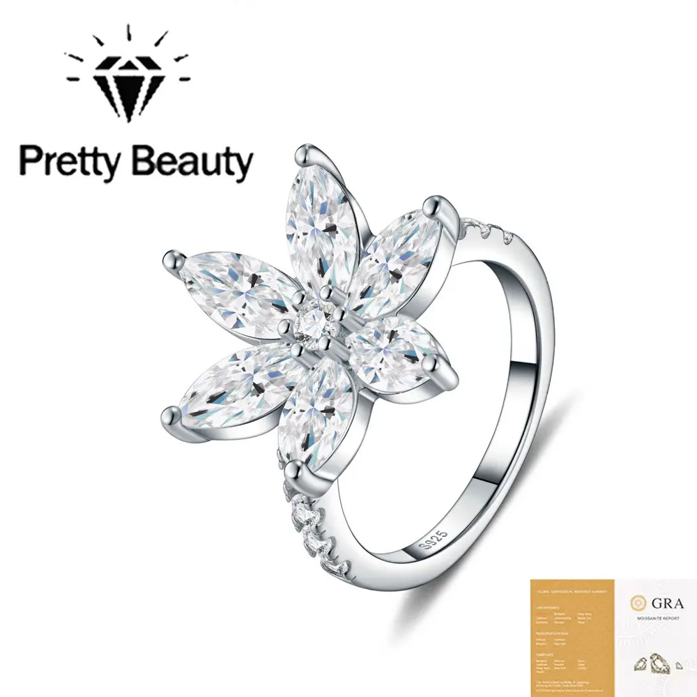 Pretty Beauty Moissanite Flower Ring for Women 925 Sterling Silver Five Petal Floral Cluster Diamond Wedding Band Dainty Jewelry