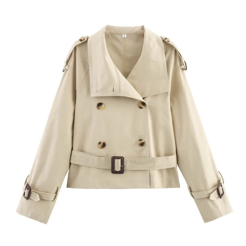 Short Women's Trench Coat Jacket with Belt Lapel Design Polyester Fiber Medium Thickness Fresh Sweet Style Elegant