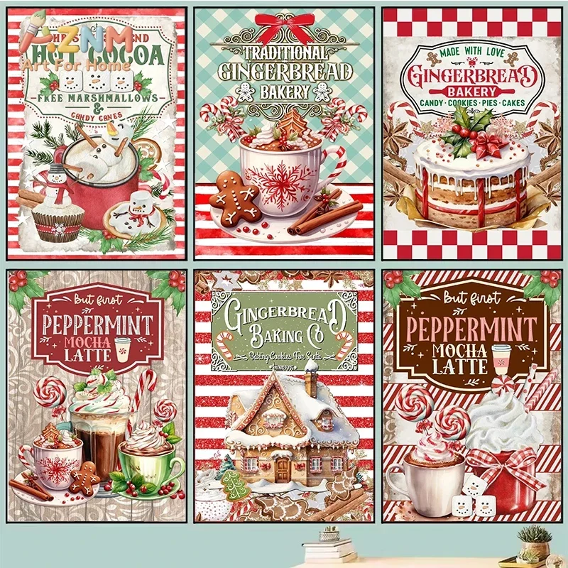 AZNM Christmas Gingerbread Bakery Canvas Wall Art, Vintage Hot Cocoa Winter Holiday Print, Unframed Canvas Painting for Kitchen