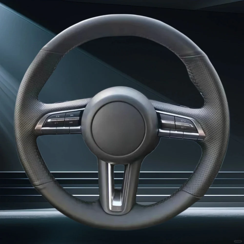Acessórios para Carro: Capa de Volante em Couro Microfibra Preto Costurada à Mão para Mazda 3, Axela 2019 2020, CX-30 2020, MX-30 2020