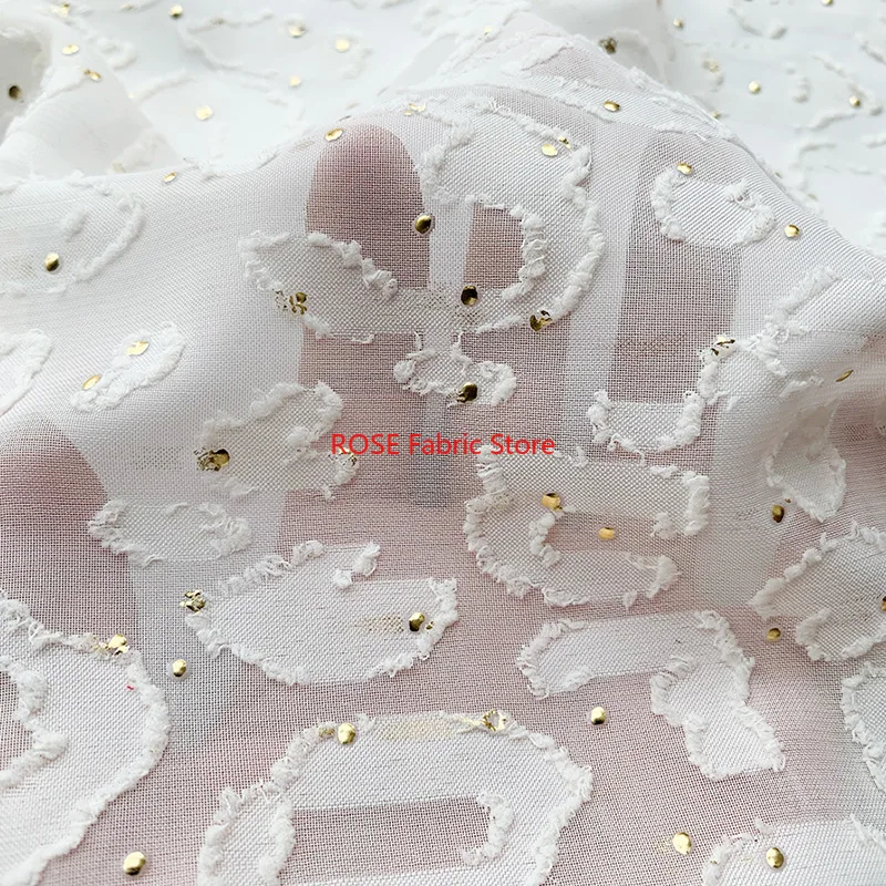 

Flower Gold dots Jacquard Breathable Chiffon Fabric For Summer Blouse, Lace Top, Toddle Dress, Houte Couture