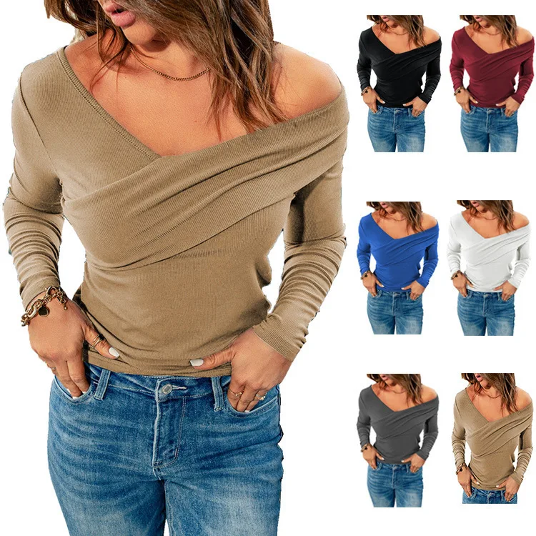 Y2K Cross Wrap Off Shoulder Ruched Long Sleeve Basic Top, Slim Fit Shoulder Cutout Solid Fitted Tee For Women