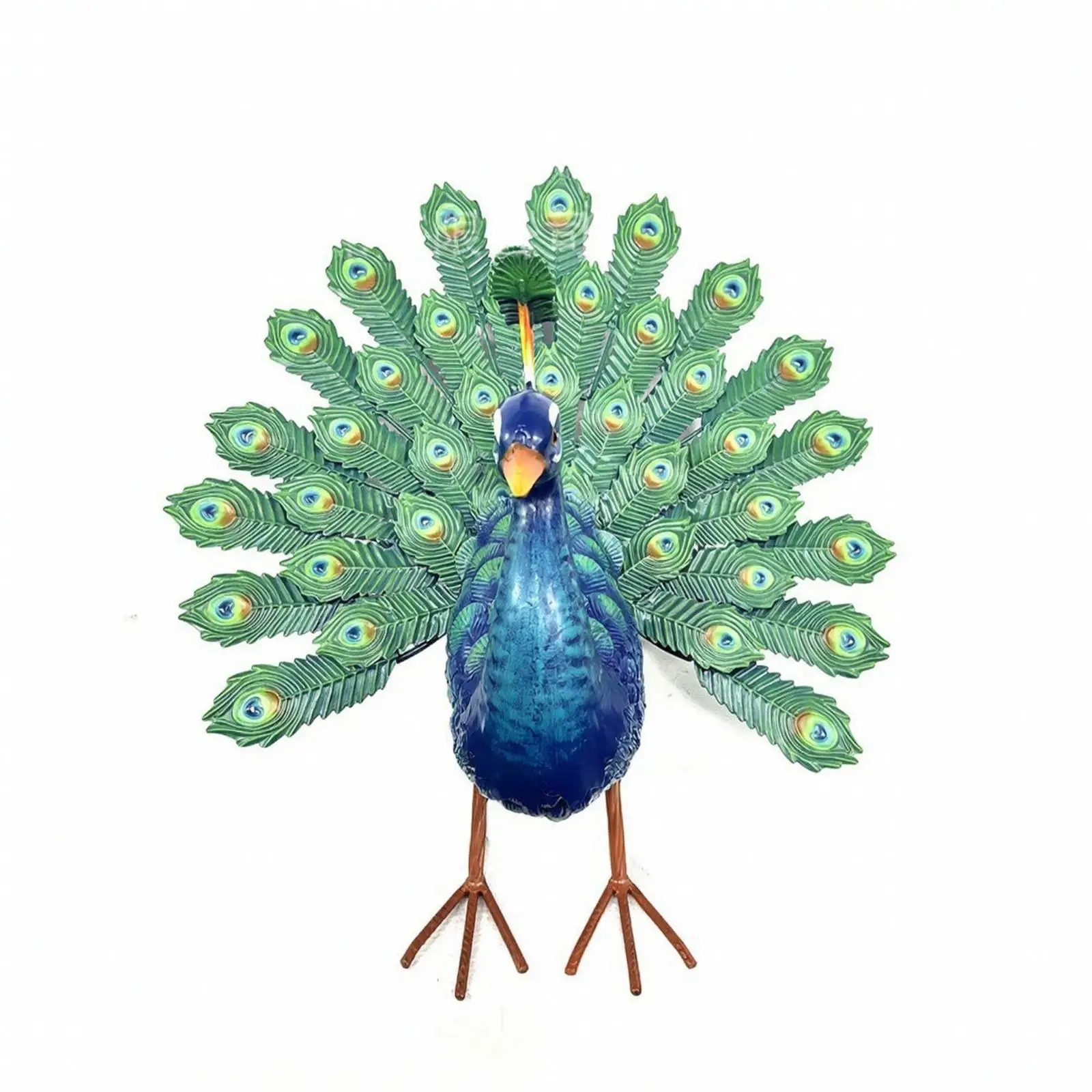 Metal garden statue depicting a peacock, decorative sculpture for