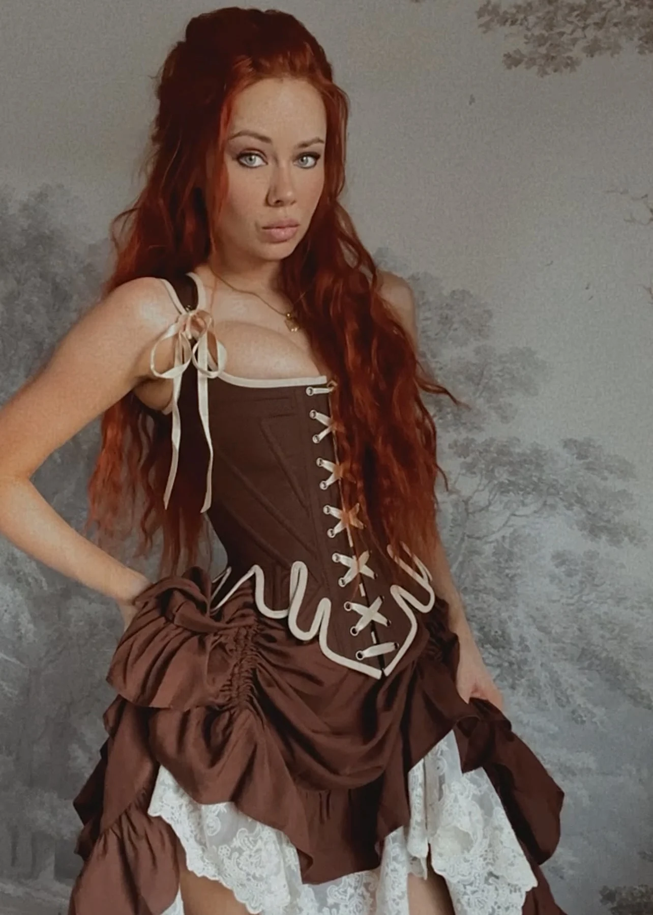 custom Renaissance Brown Overbust Corset Top with Spaghetti Straps Square Neck Gothic Bustier Tops Cosplay Outgoing 2024