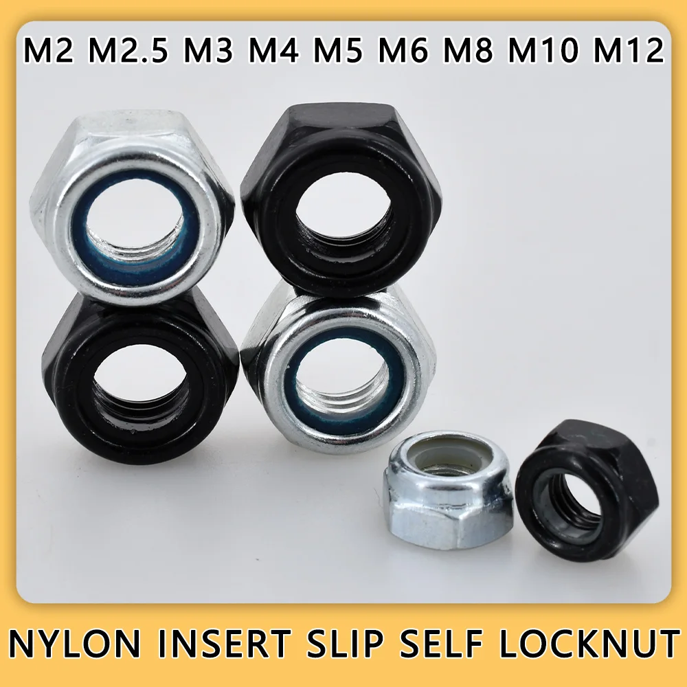 100-50Pcs M2 M2.5 M3 M3.5 M4 M5 M6 M8 M10 M12 304 Stainless Steel Black Zinc Plated Locknut Hex Nylon Insert Slip Self LockNut