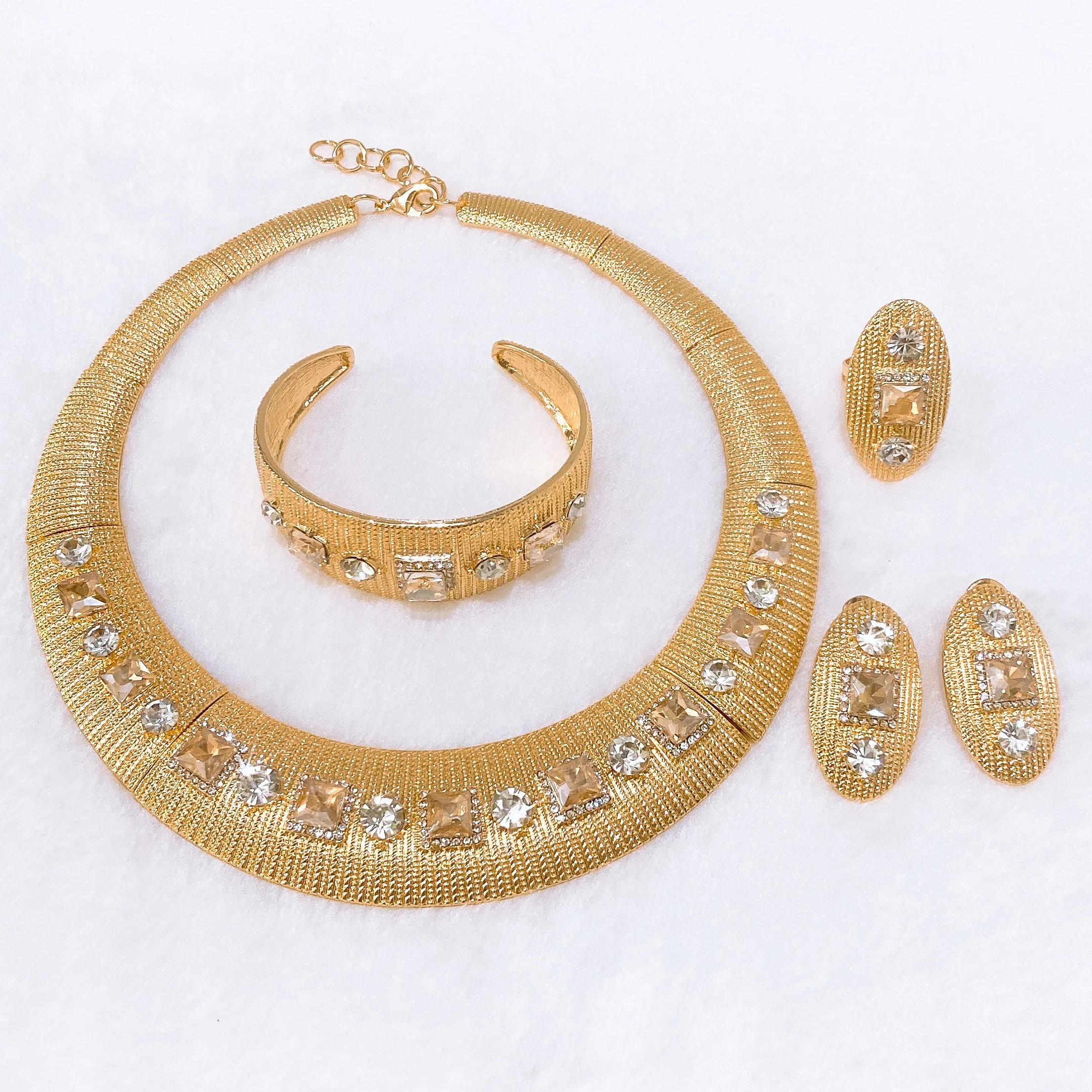 Gemstone Collar Jewelry Set Women's High Quality Necklace Earrings Ring Bracelet 4-Piece Set