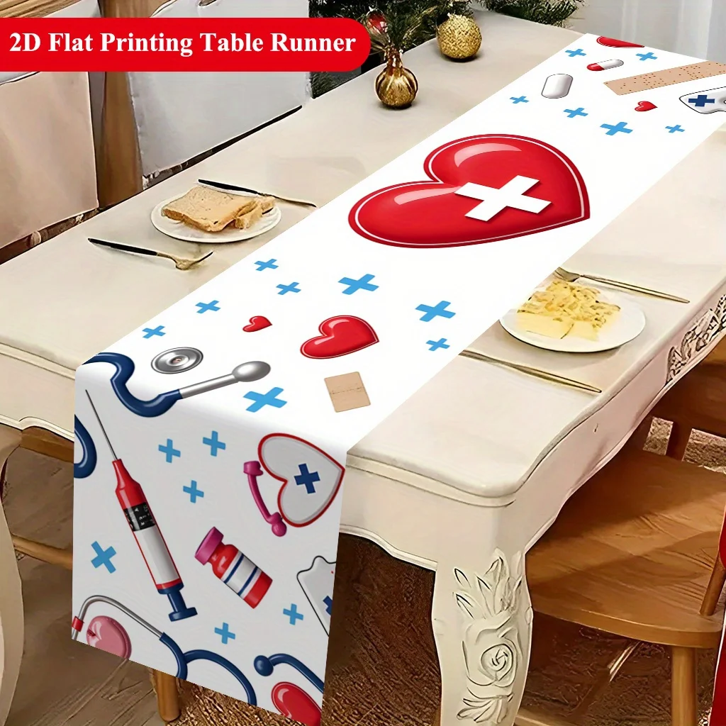 Medical Supplies and Equipment Elements Table Runner - Creative Health Clinic Motif Decoration for Holiday Dining Home Party