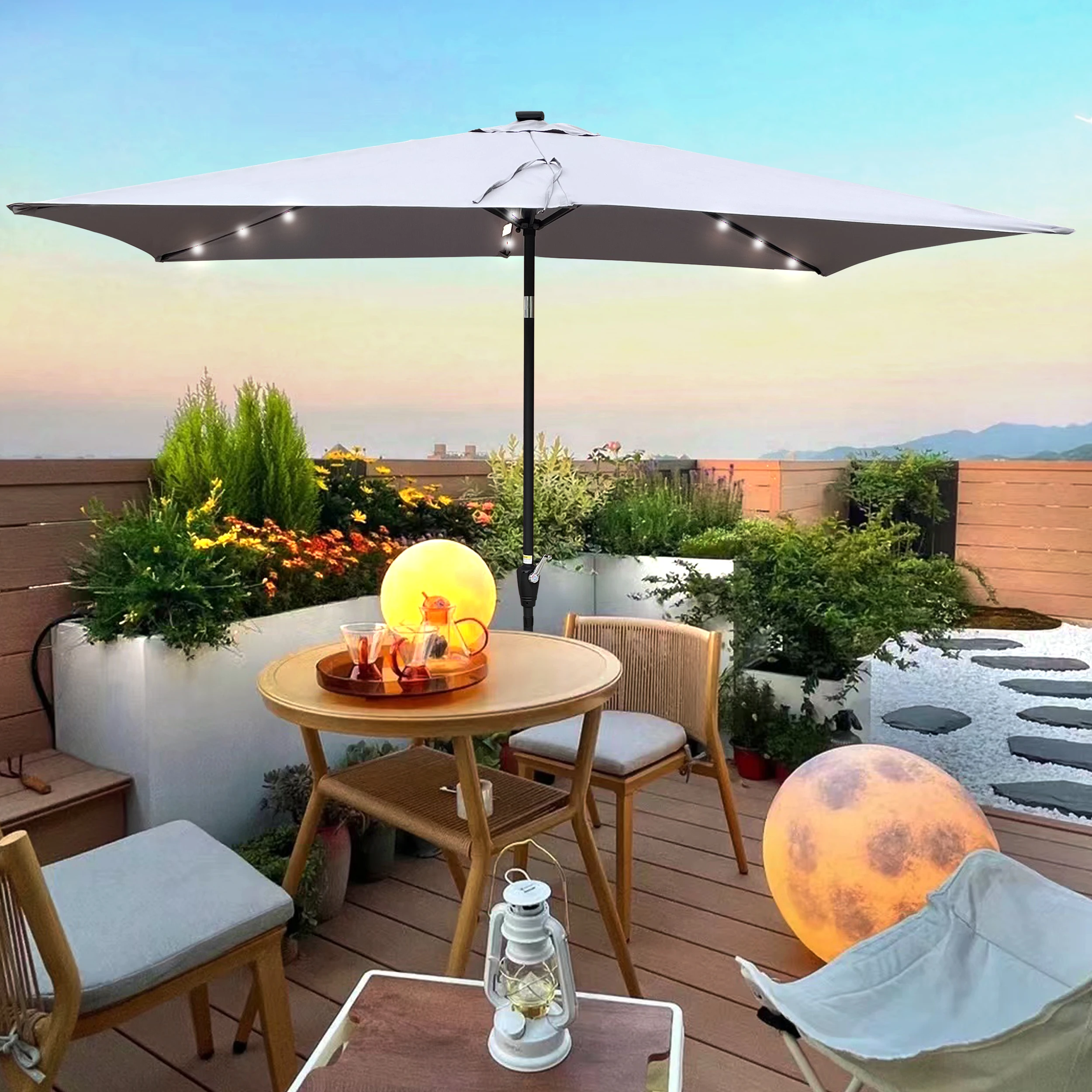 Rectangular Patio Solar LED Lighted Outdoor Umbrellas with Crank and Push Button Tilt for Garden Backyard Pool Swimmin 10 x 6.5t