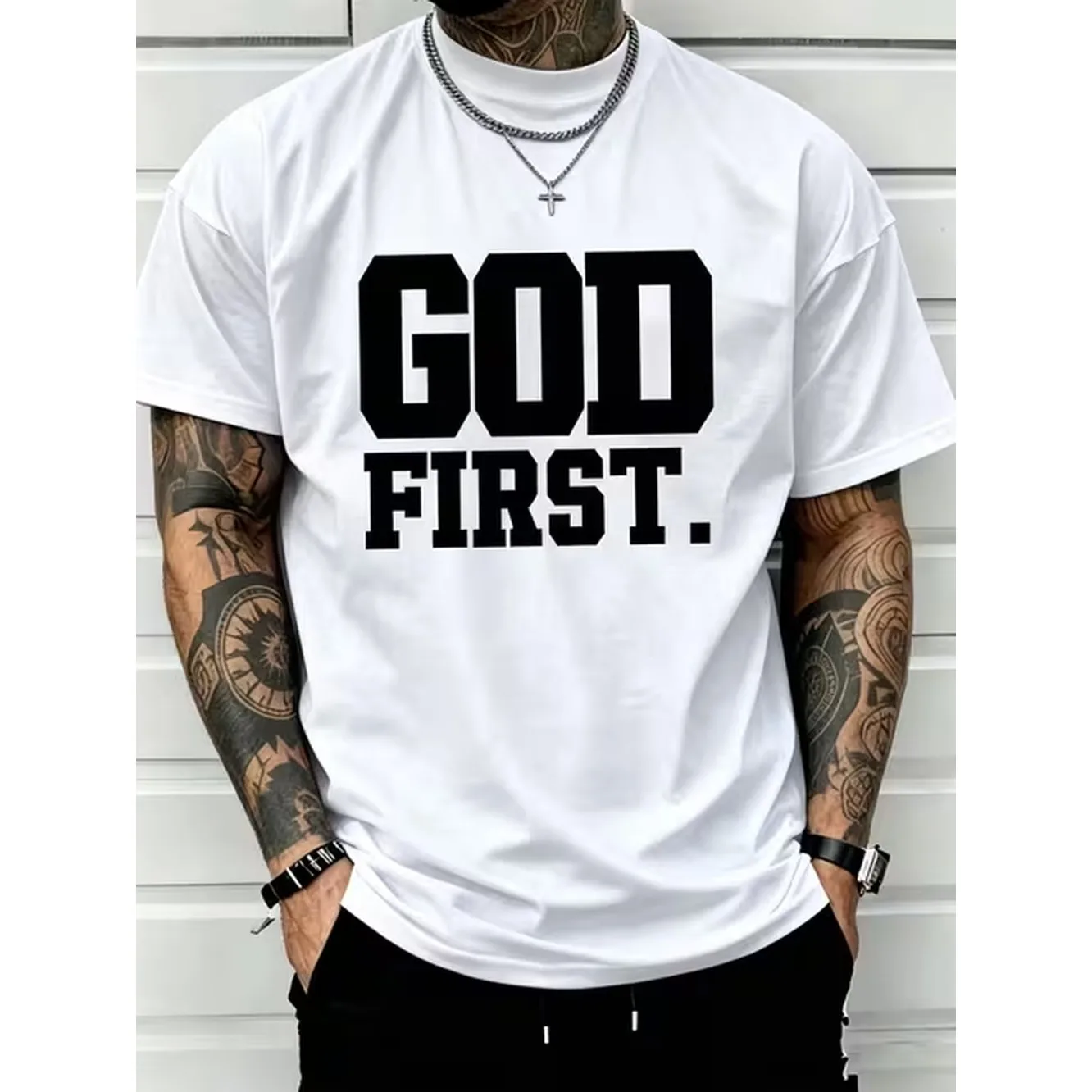 Mens Oversized Suitable For T Shirt With God First Lettering Print Loose Fit Drop Shoulder Crewneck Short Sleeve Tee Machine Washable Casual Streetwear Top For Daily Wear Layering For Non Size