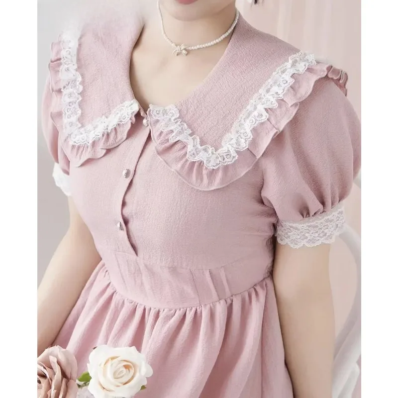 

Cute Sweet Heavy Industry Elegant Short Sleeve Midi Dress High Waist Slimming Doll Collar Lace Edge Big Bows Long Dresses