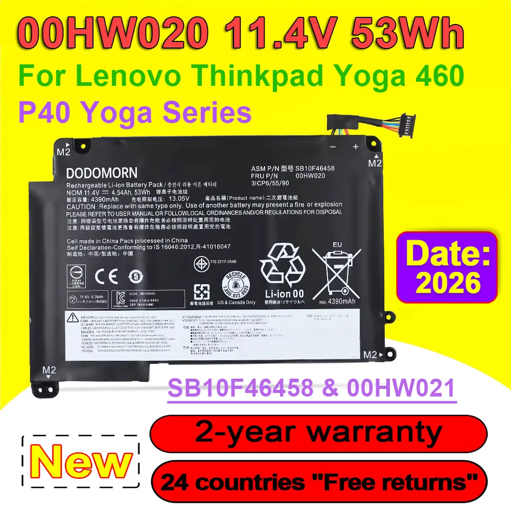 DODOMORN Laptop Battery For ThinkPad P40 Yoga /460 Yoga Series Rechargeable 11.4V 53Wh 00HW020 00HW021 SB10F46458 SB10F46459 OEM