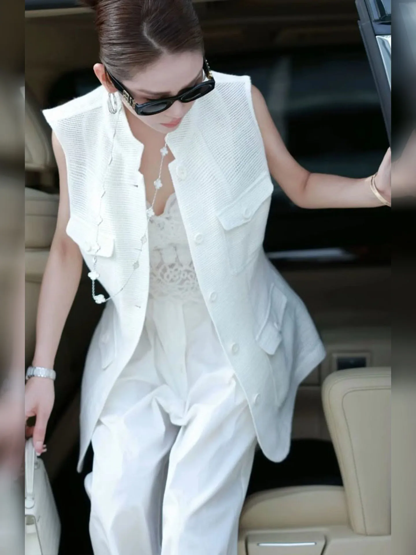 

Ele White Suit Vest Wide Leg Pants Two Piece Set Summer Faion Women's High Quali Sensation Clete Look DT256729