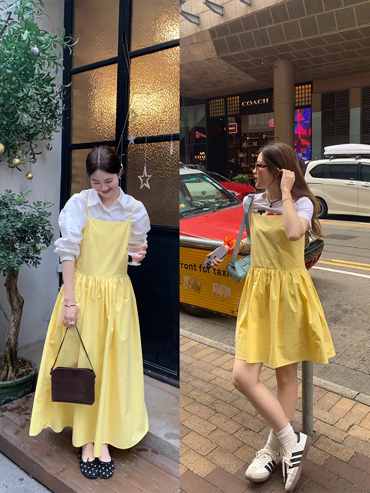 

Lemon Soda Korean Style Women's Dress Waist Cinched Strapless Long Vest Dress Gentle A-Line Cotton Summer Casual Dress