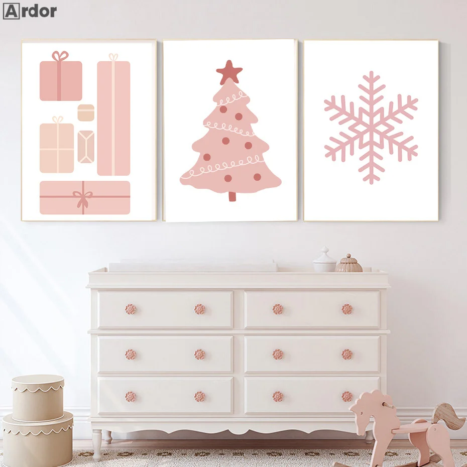 Christmas Wall Art Prints Boho Holiday Decorations Pink Xmas Tree Snowflake Merry Quotes Poster Pictures Holiday Farmhouse Decor