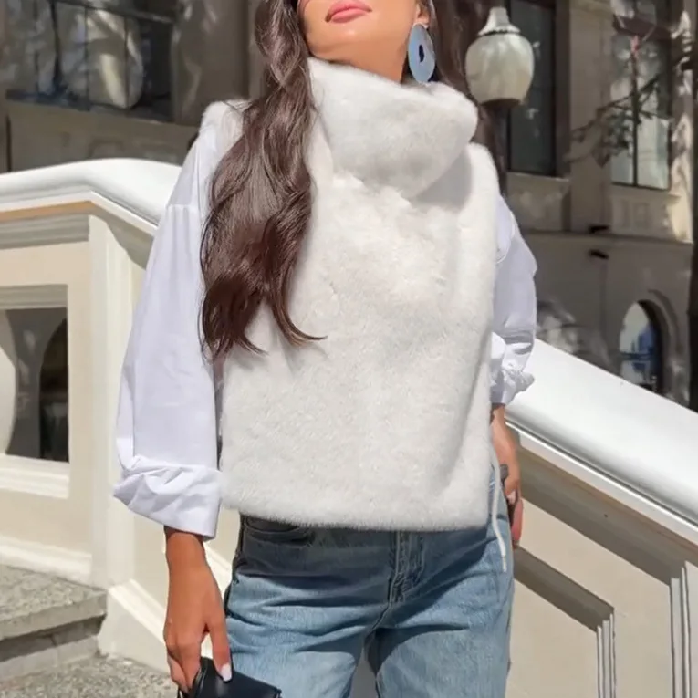 

2025 Fashion Autumn And Winter Solid Color Half-high Collar Fur Waistcoat Sleeveless Top Female Vest Tops