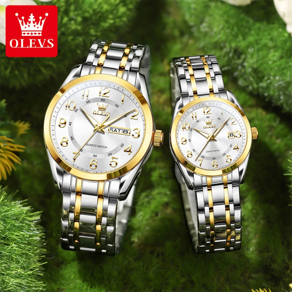 OLEVS 3666 Couple Watches Original Fashion Arabic Numerals Quartz Watches Waterproof Luminous Week Date Watches For Couple Gifts