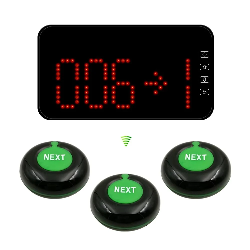 The display screen shows the next counter queue number calling the system