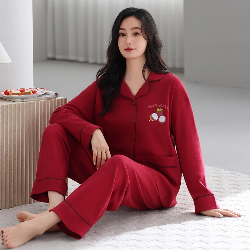 

Spring and Autumn Women 100% Cotton Pyjamas Female Long Sleeve Turn-down Collar Sleepwear