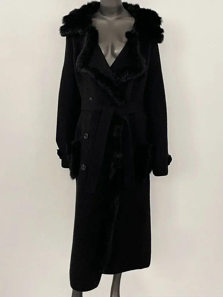 Real Fox Fur Sweater Women Clothing Long Belt Button Knitwear Female 2025 New Spring Autumn Oversized Knitted Cardigan