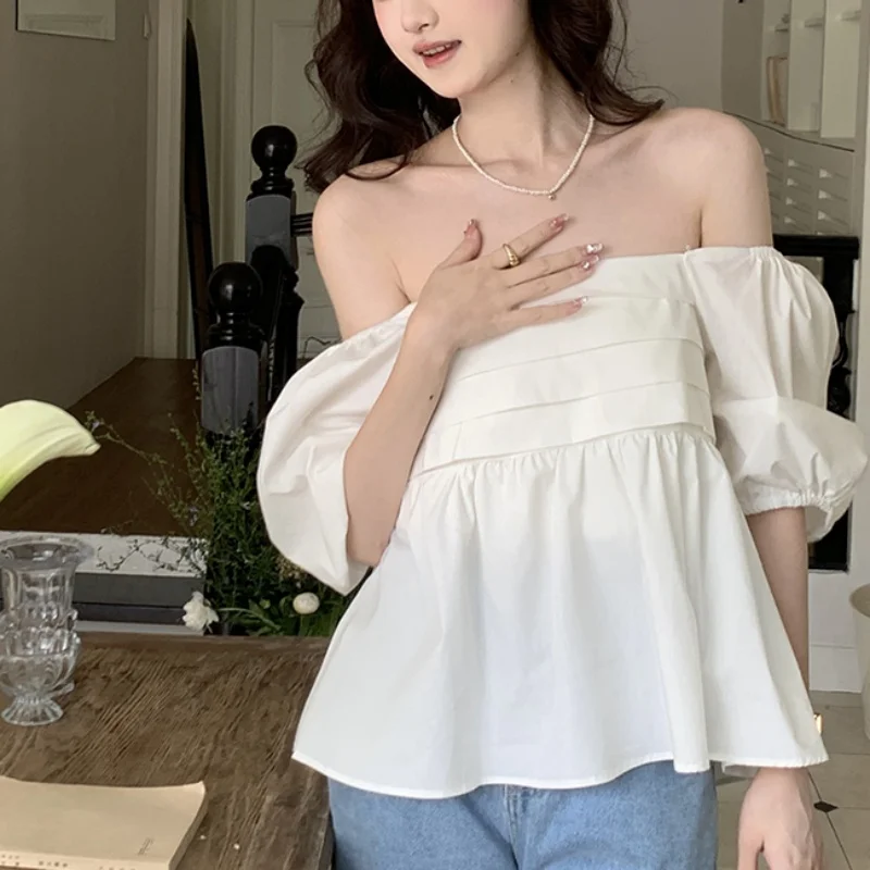 Fashion Summer Short Sleeve Women Blouse Square Neck Elegant Short Tops Puff Sleeve Casual Cotton Shirt