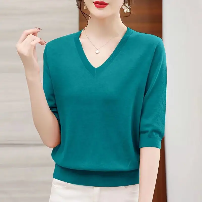 

Summer New V-Neck T-shirt Women's Loose Slim Knitting Shirt Solid Color Half Sleeve Knittwear Top S-3XL